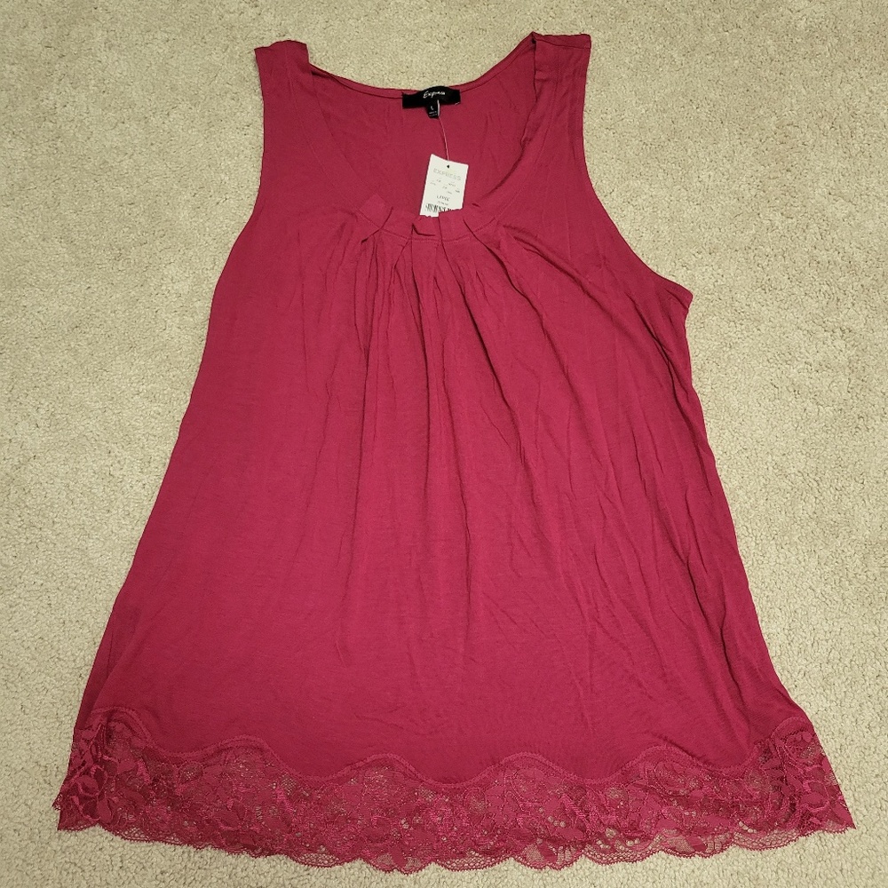 Express Hot Pink Tank with Lace Detail, Size L, NWT
